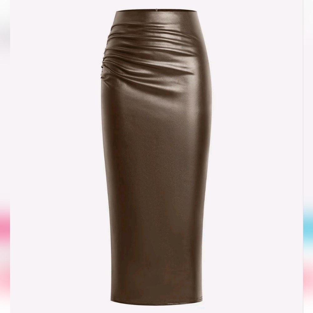 Yozy Ruched PU Leather Midi Skirt